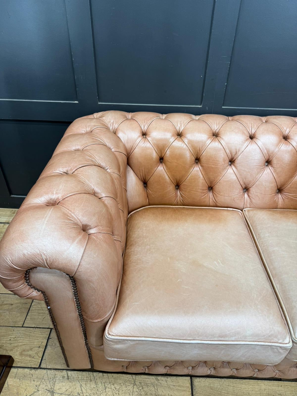 Vintage Two Seater Tan Leather Chesterfield Sofa Couch Settee
