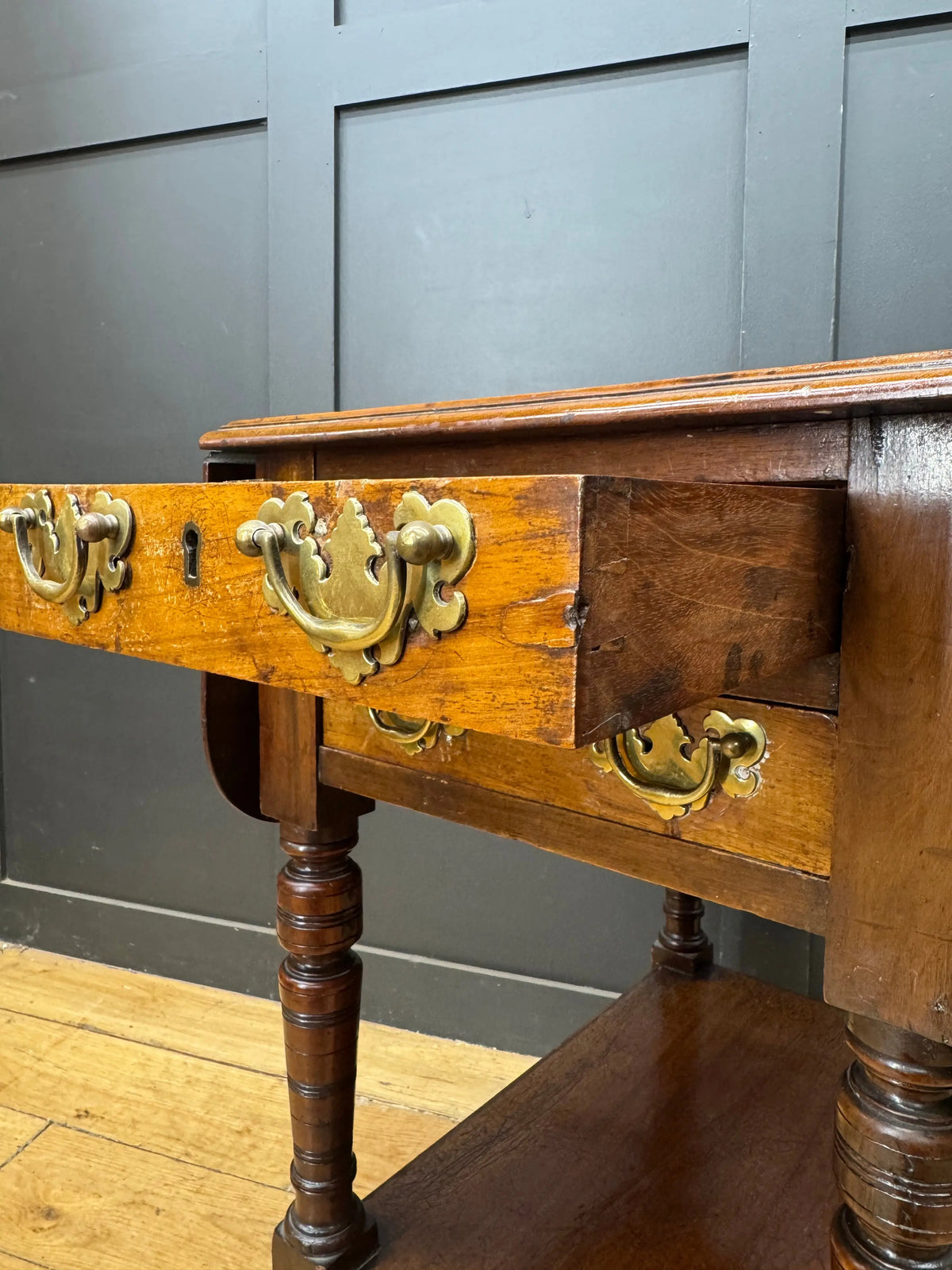 Regency Mahogany and Walnut Drop Leaf Side Lamp Table with Three Drawers