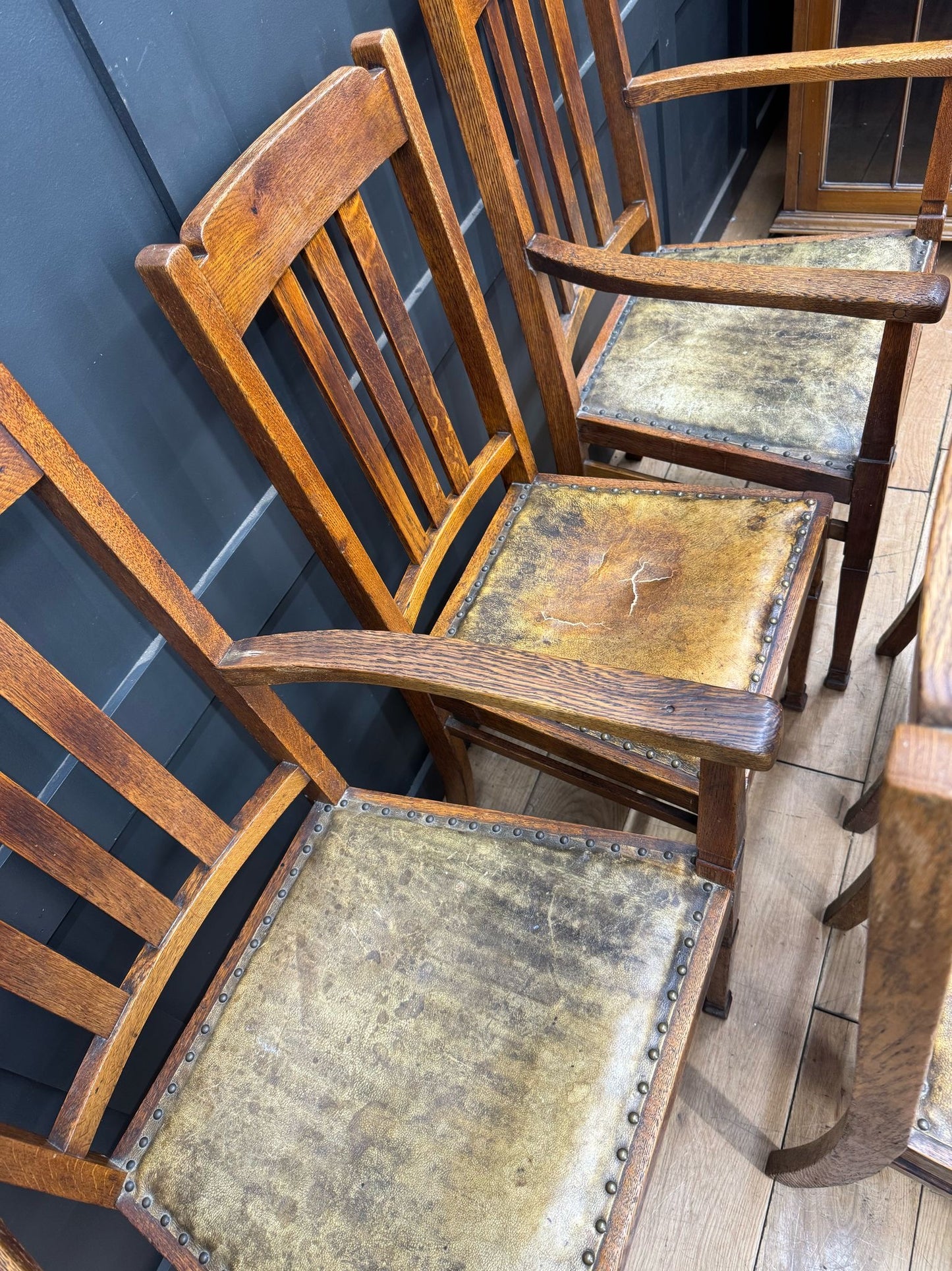 Set Of 6 Antique Arts & Crafts Oak Dining Chairs /Kitchen Chairs For Reupholster