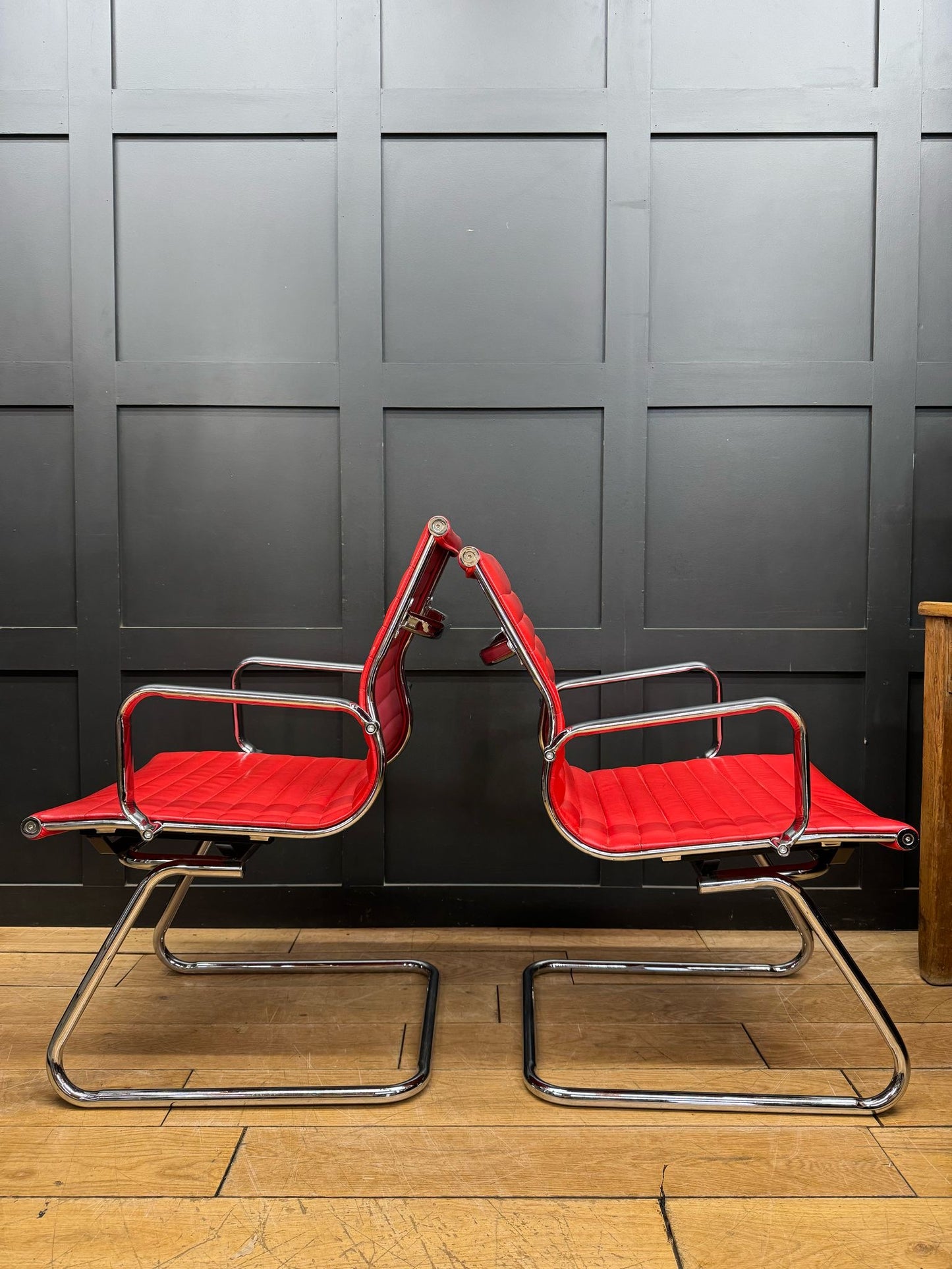 Pair Of Mid Century Style Chairs / Eames Style Chrome And Leather Chairs Seating