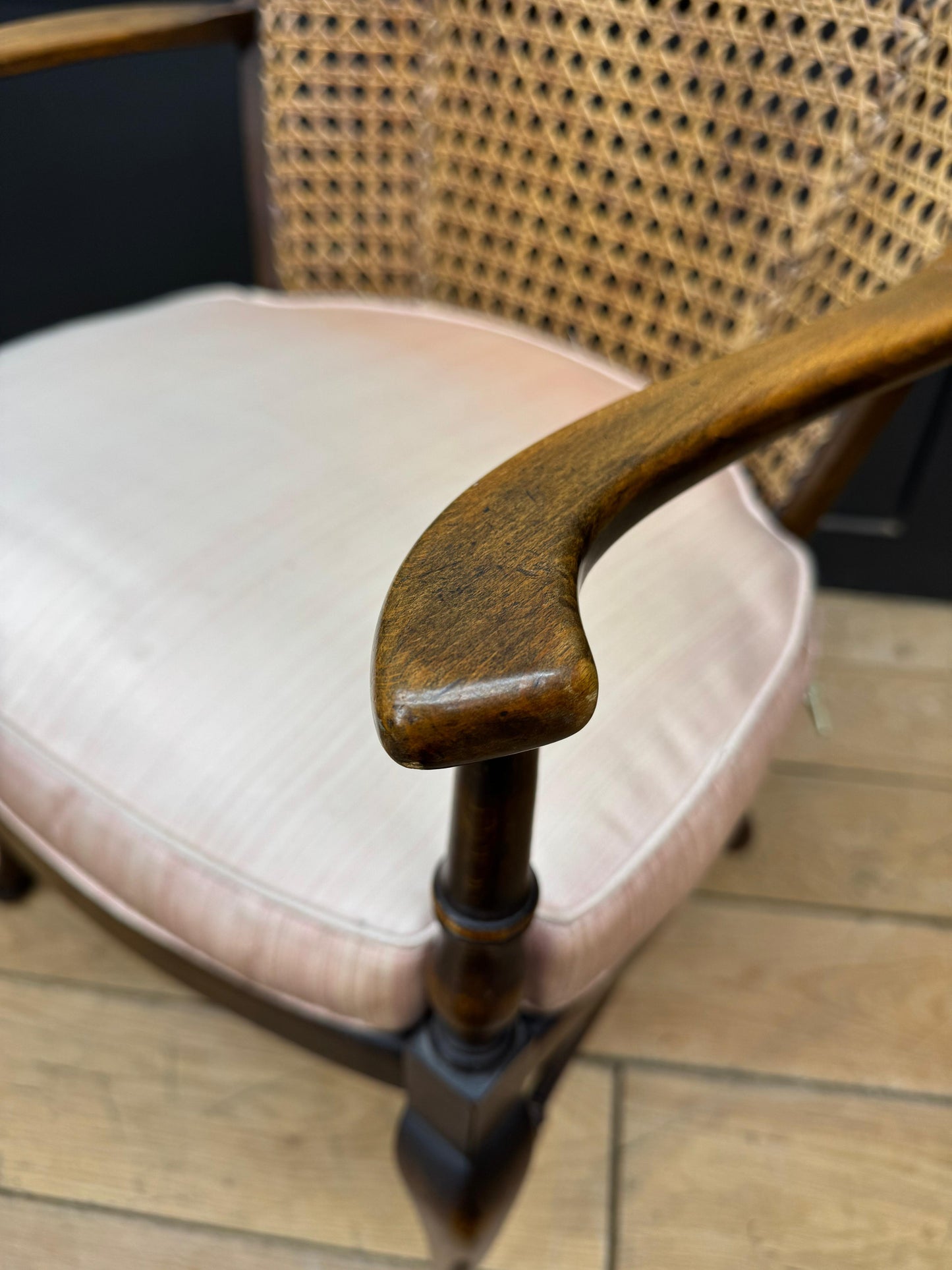 Antique Beech & Cane Elbow Chair With Cushion Armchair Bedroom Occasional Seat