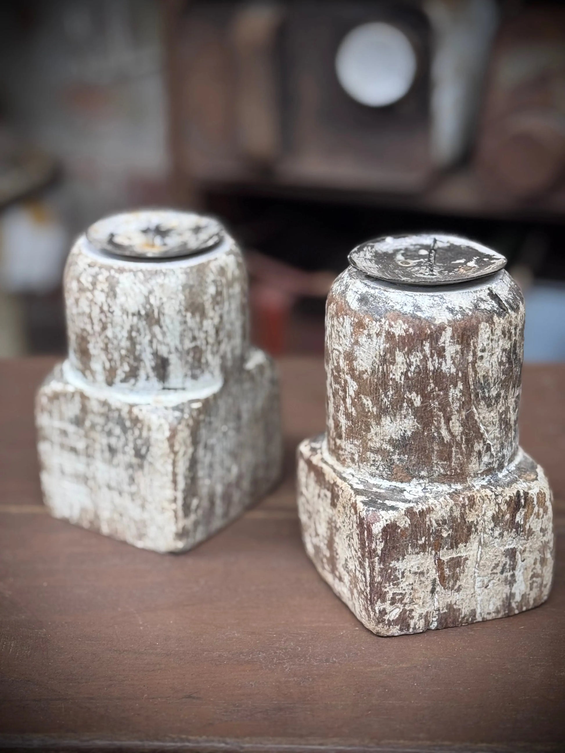 Pair Of Rustic Wooden Candle Holders / Large Church Candle Candlesticks /P RUSTIC WAREHOUSE NORFOLK