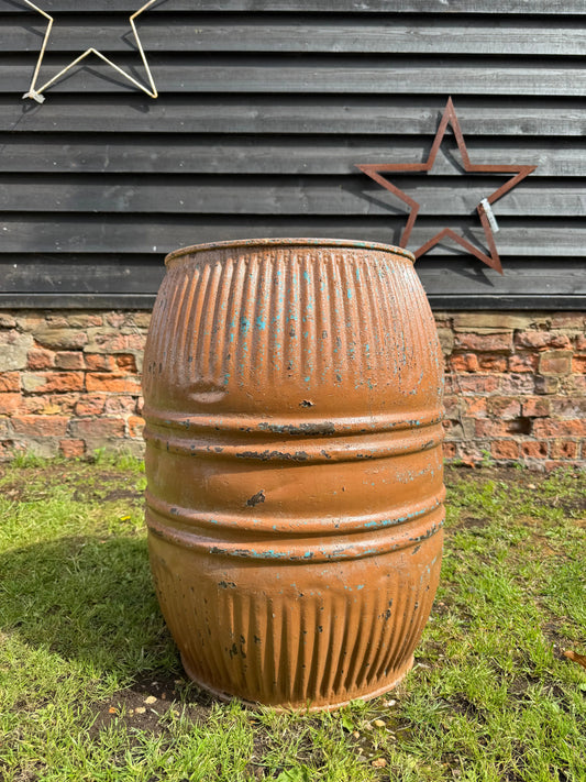 Vintage Ribbed Metal Barrel Garden Planter Painted Industrial Garden Pot