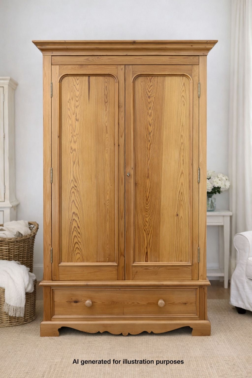 Vintage Solid Pine Double Wardrobe with Drawer / Bedroom  Storage Cupboard
