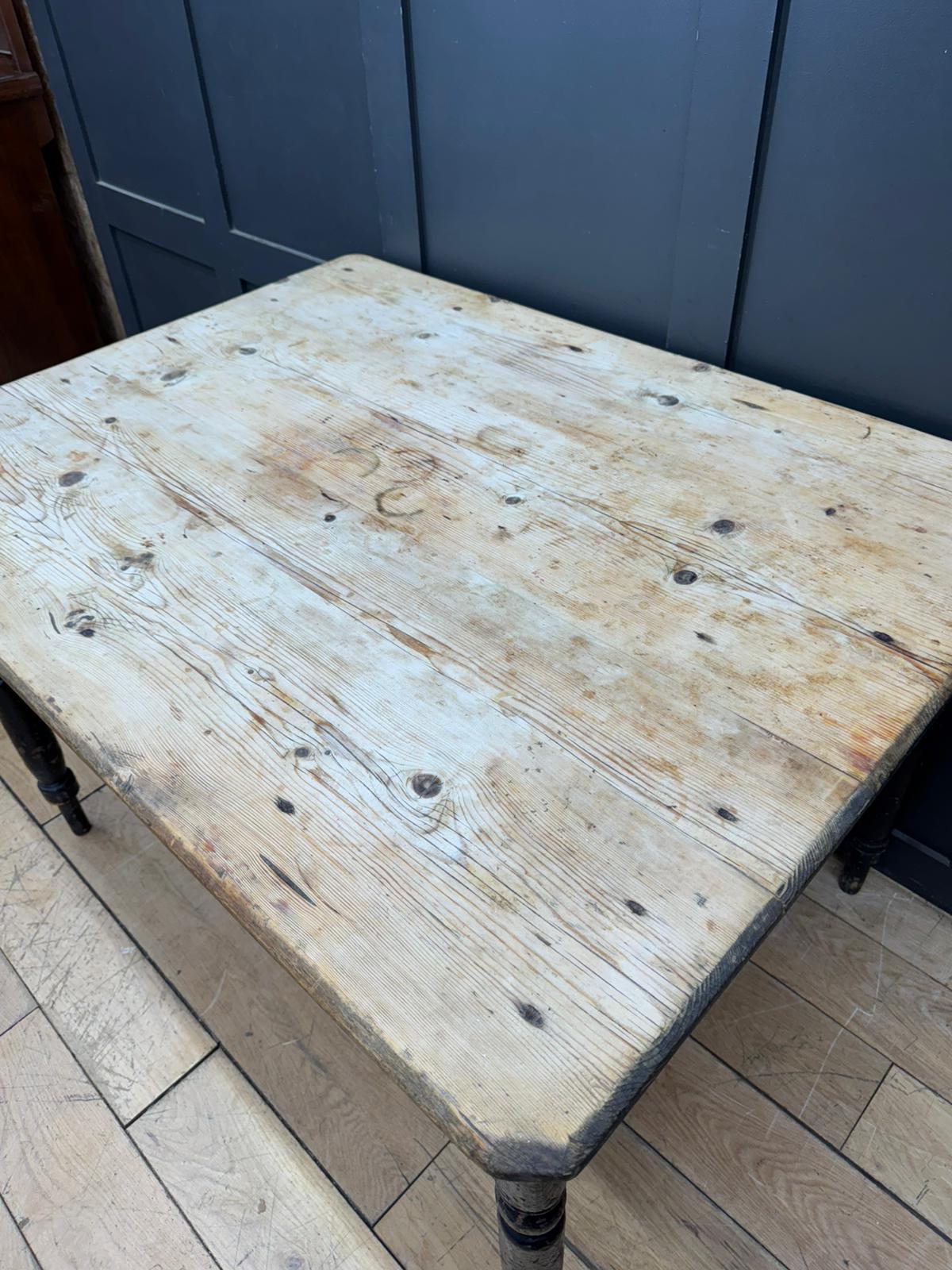 Victorian Pine Farmhouse Kitchen Dining Table / Rustic Black Painted Base