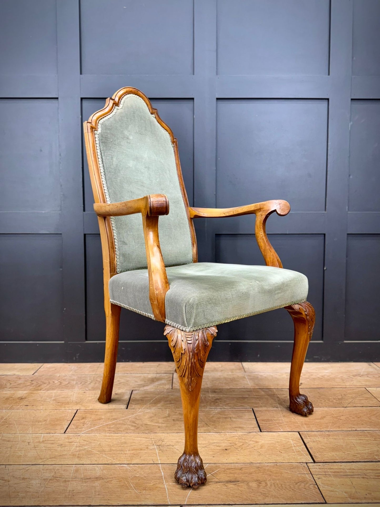 Carved Walnut Armchair | Claw & Ball Feet | Vintage Green Velvet Upholstery