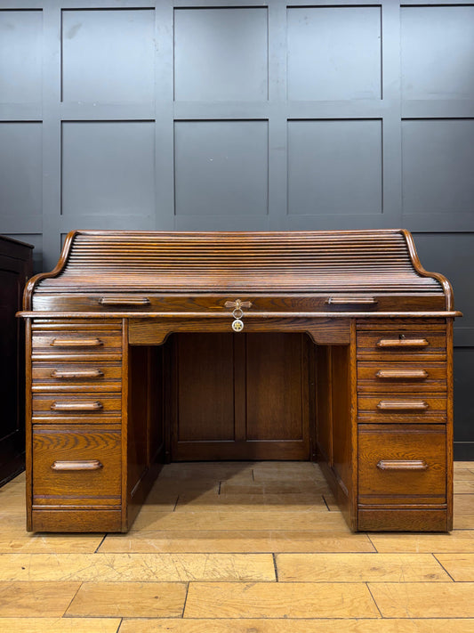Edwardian Oak Roll Top Pedestal Desk Writing Desk With Fitted Interior