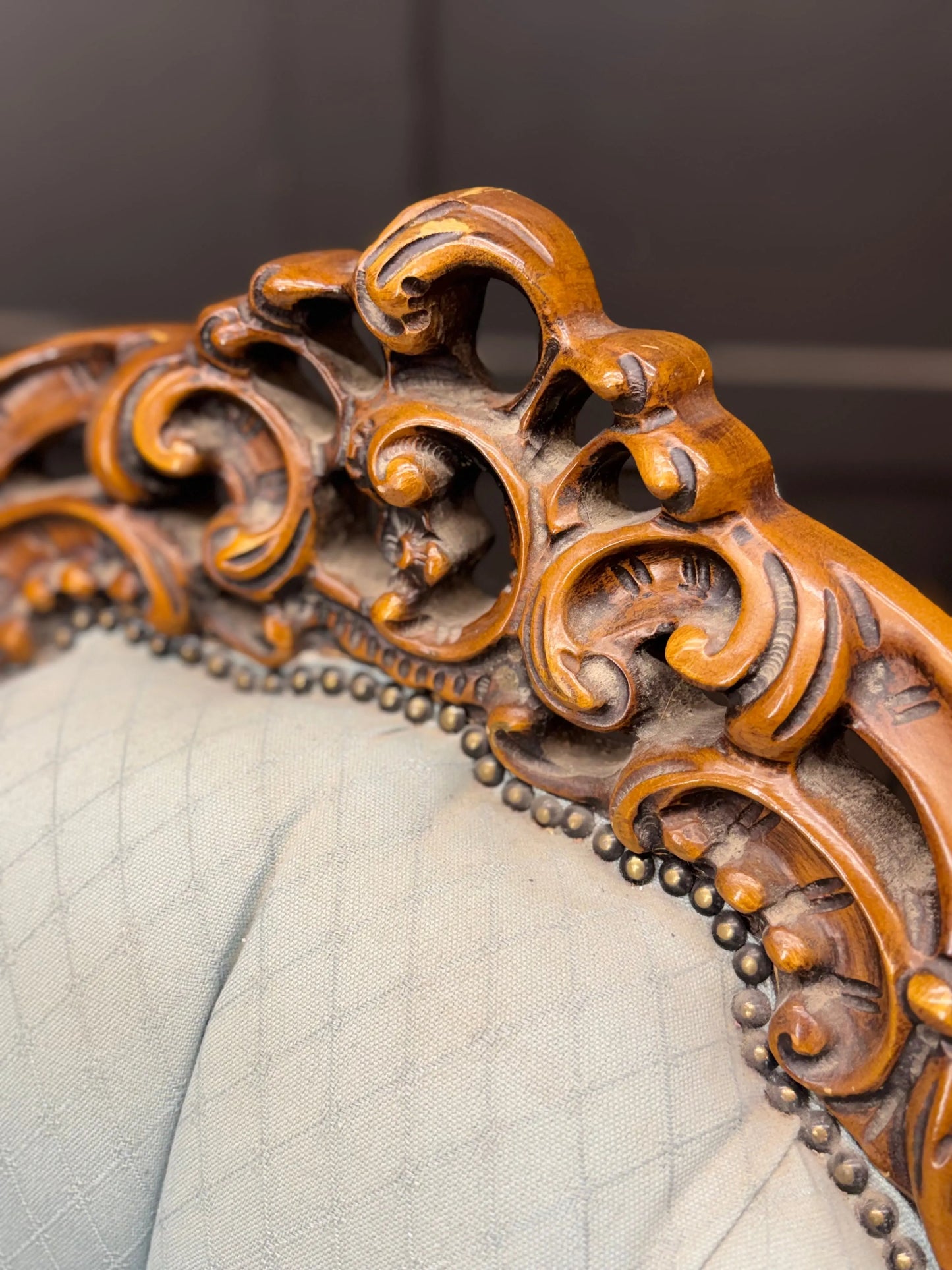 Pair Vintage Armchairs French Louis XV Style Rococo Carved Wood Upholstered