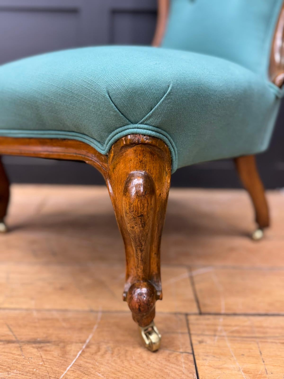 Victorian Walnut Nursing Chair in Green/Teal Upholstery / Bedroom Chair