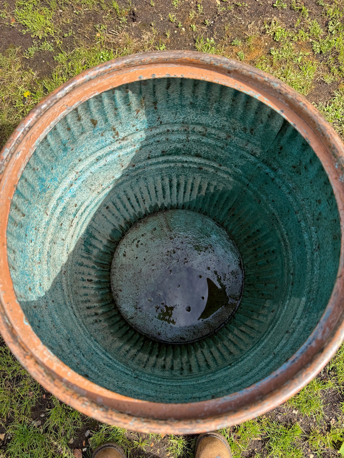 Vintage Ribbed Metal Barrel Garden Planter Painted Industrial Garden Pot