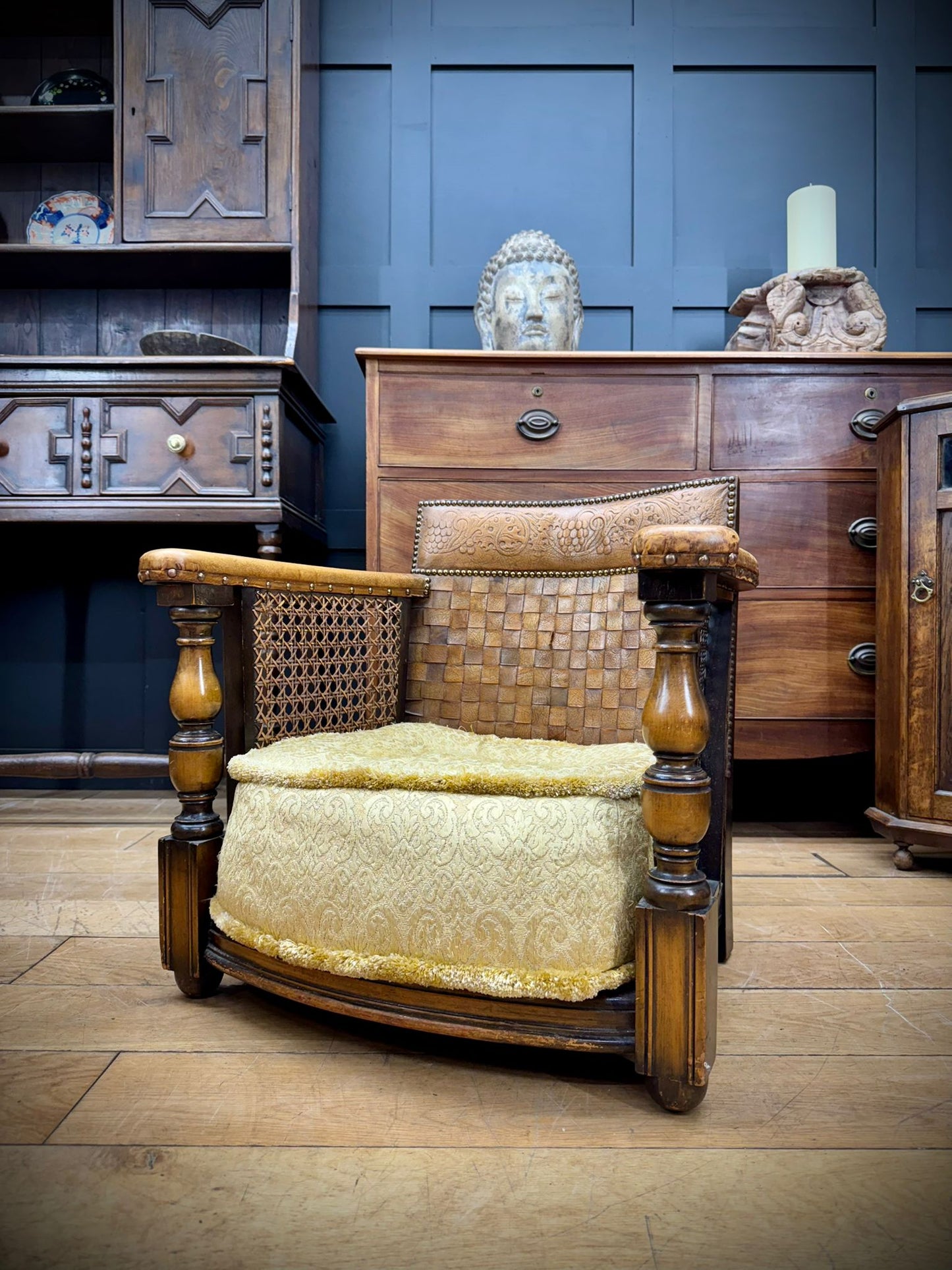 Antique Leather Cane Child’s Chair – Woven Seat Vintage Wooden Armchair