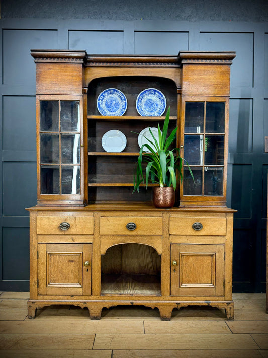 19th Century Provincial Oak Welsh Dresser –Glazed Cabinets Plate Racks Cupboard