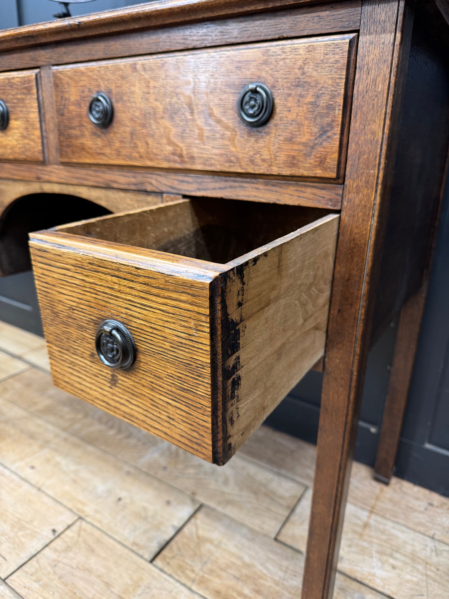Antique Oak Writing Desk Leather Top Small Desk Drawers Storage Sideboard