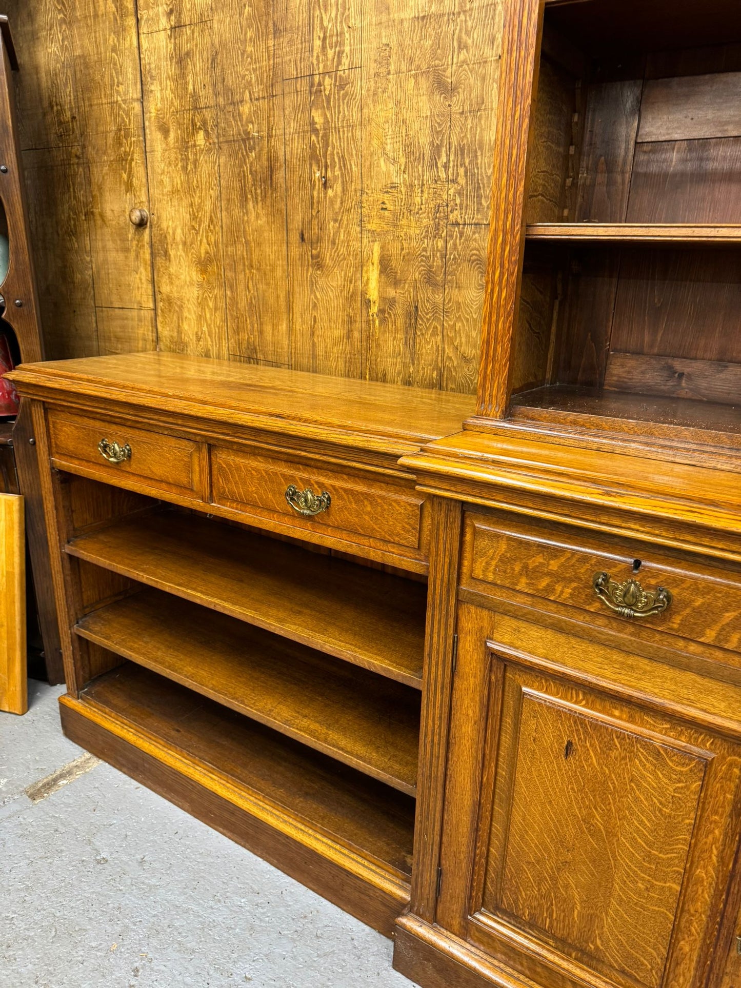Victorian Solid Oak Breakfront Library Bookcase, TV Stand, Sideboard Display