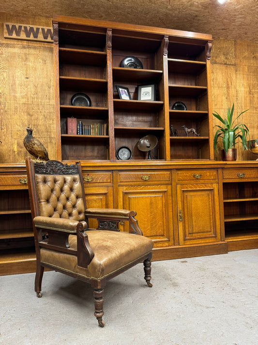 Victorian Solid Oak Breakfront Library Bookcase, TV Stand, Sideboard Display