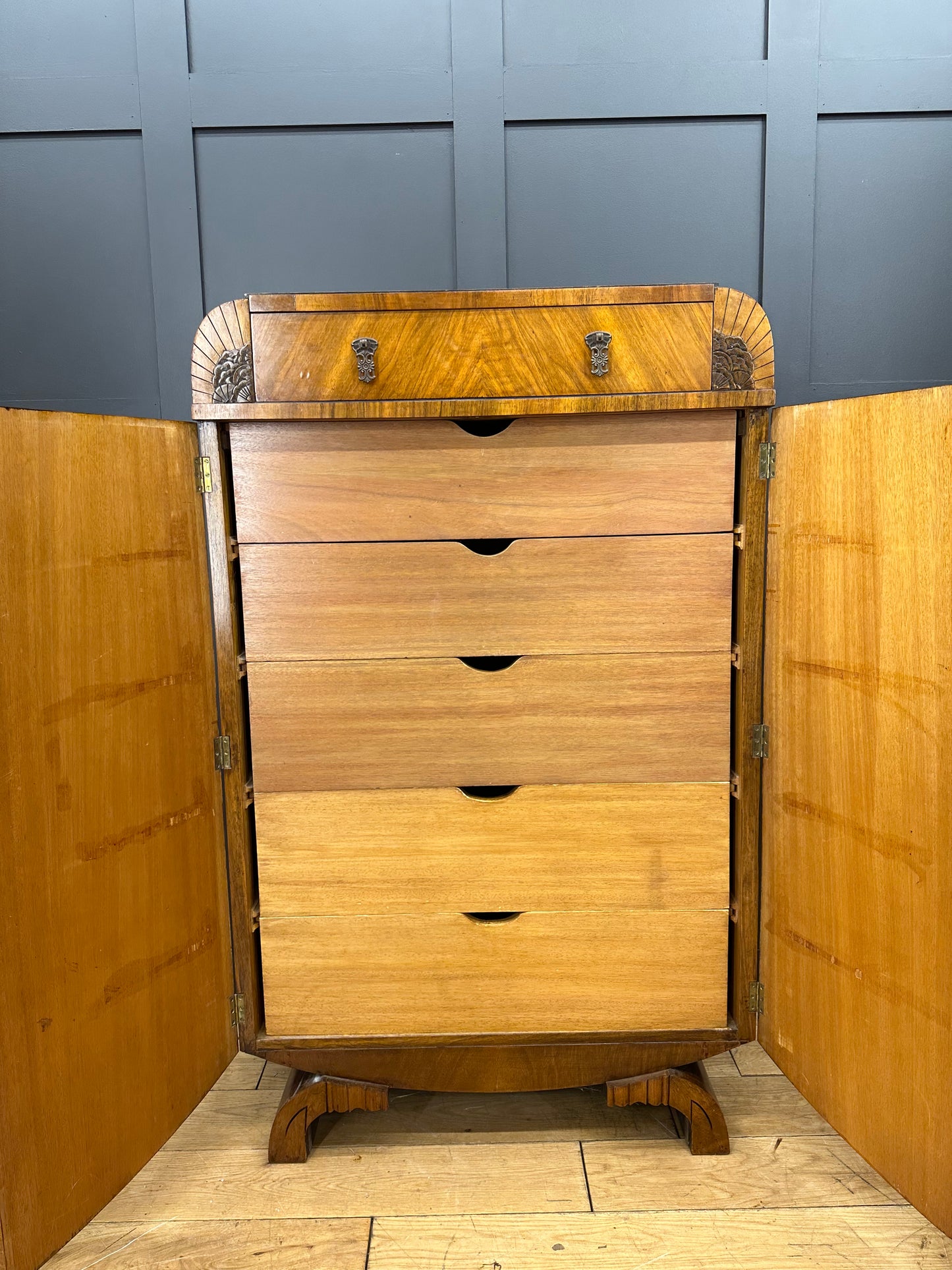 Antique Art Deco Burr Walnut Linen Cupboard /  Chest Of Drawers / Wardrobe