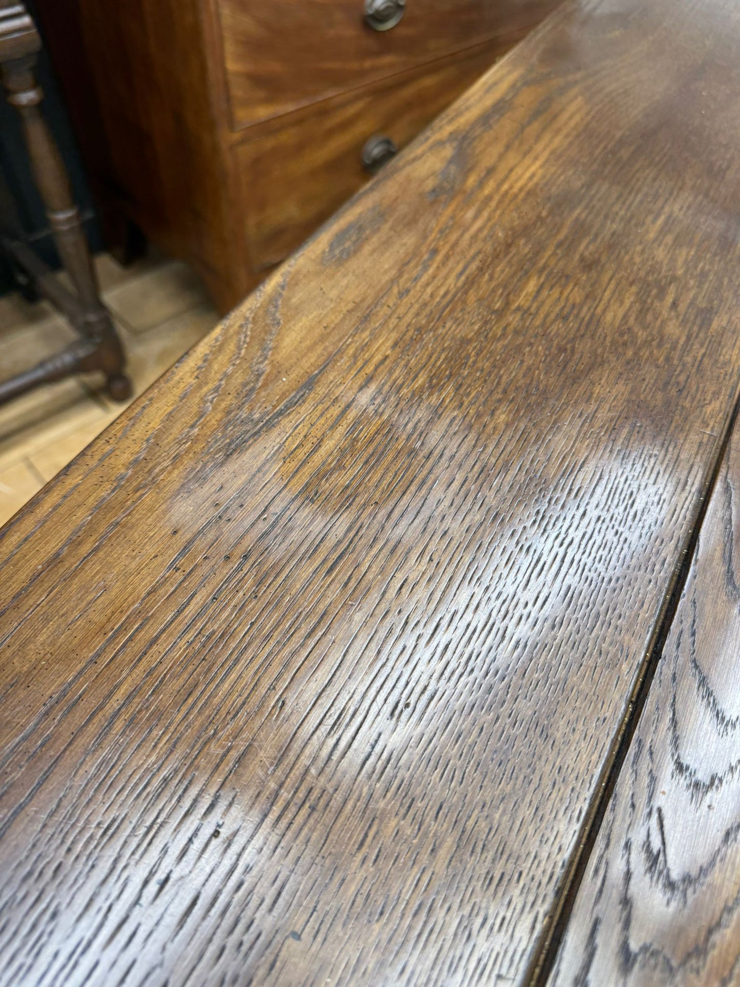 Large Vintage Oak Console Table – 3 Drawer Rustic Farmhouse Hall Sideboard