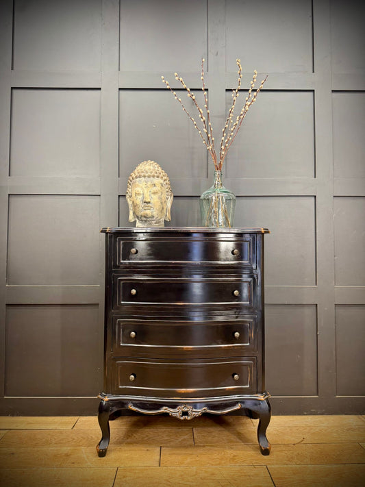 French Style Black Serpentine Chest of Drawers Vintage Rococo Distressed