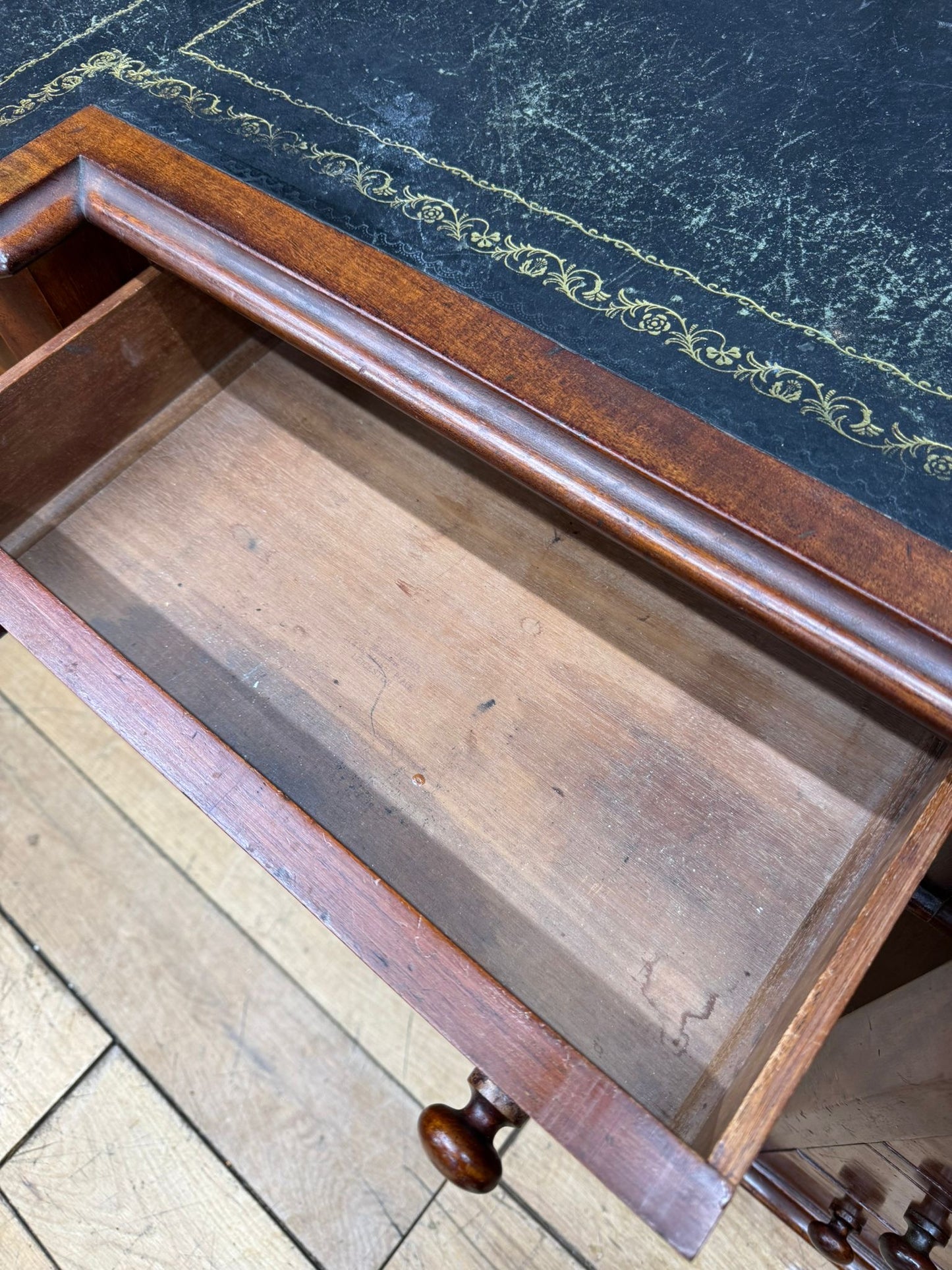 Antique Mahogany Pedestal Desk with Black Leather Top / Dressing Table