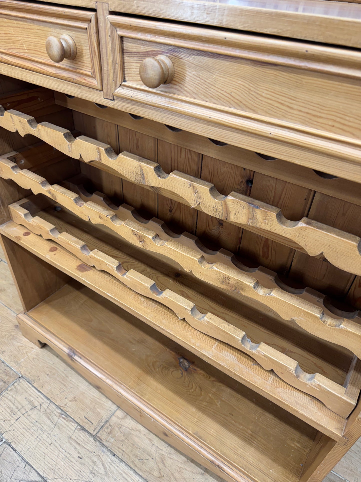 Large Rustic Pine Wine Rack Kitchen Dresser Cabinet with Blue Delft Tiles