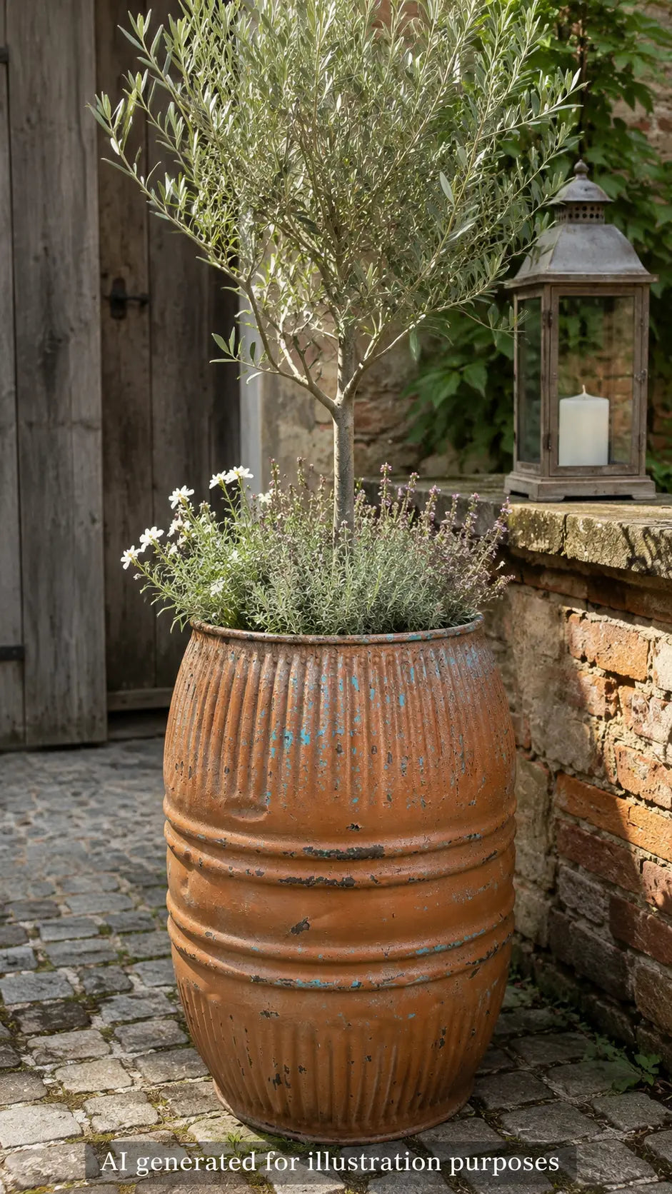 Vintage Ribbed Metal Barrel Garden Planter Painted Industrial Garden Pot
