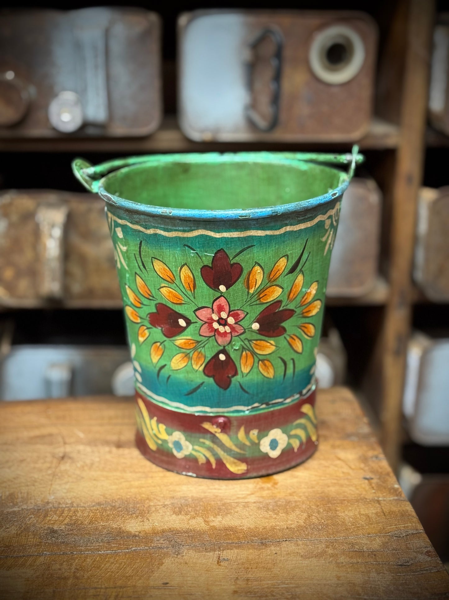 Vintage Small Hand Painted Bucket / Plant Pot / Herb Planter /Green /Red / Pail
