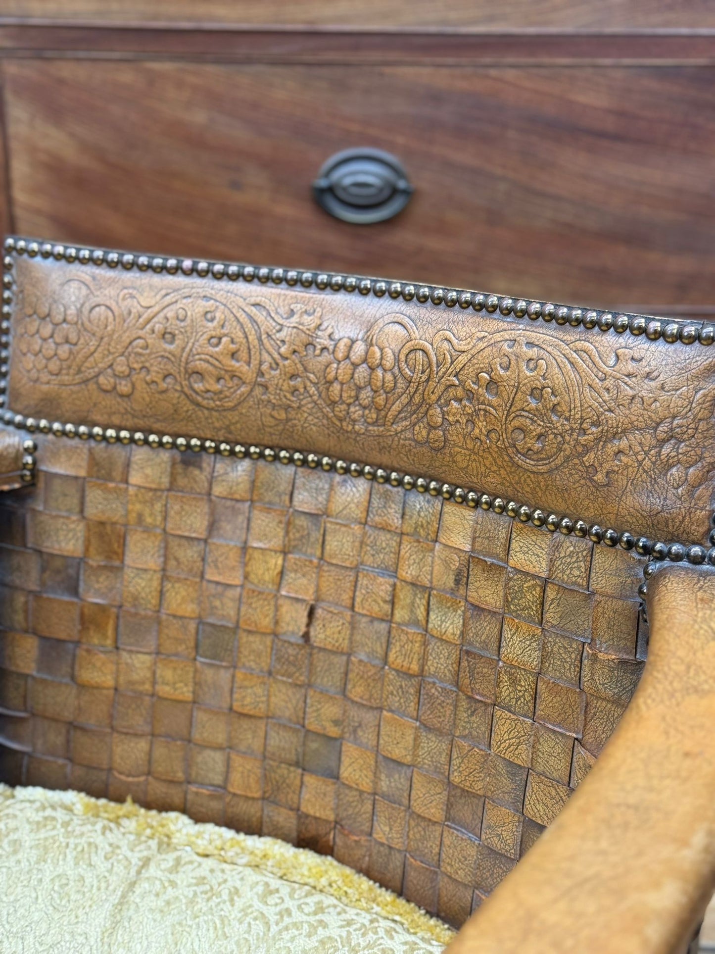 Antique Leather Cane Child’s Chair – Woven Seat Vintage Wooden Armchair