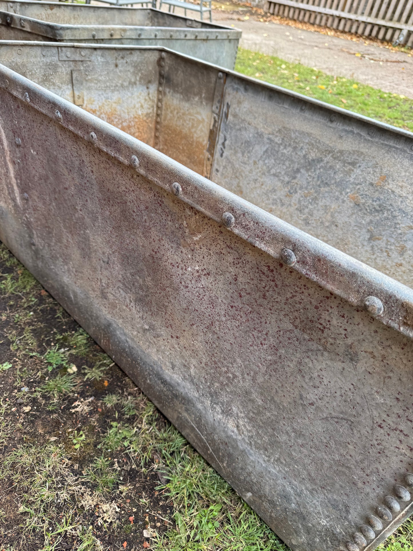 Pair Antique Riveted Galvanised Garden Planters Troughs Water Tanks Pots T3