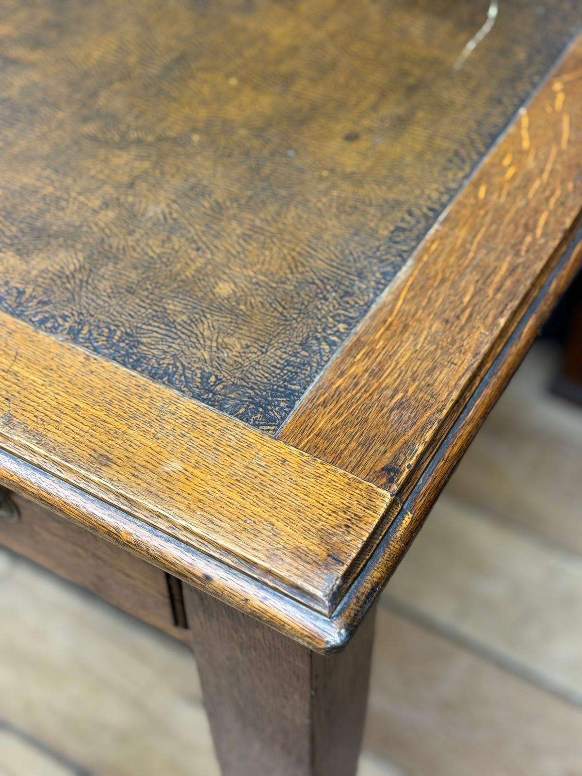 Antique Oak Leather Top Writing Desk /Console Table With Drawers