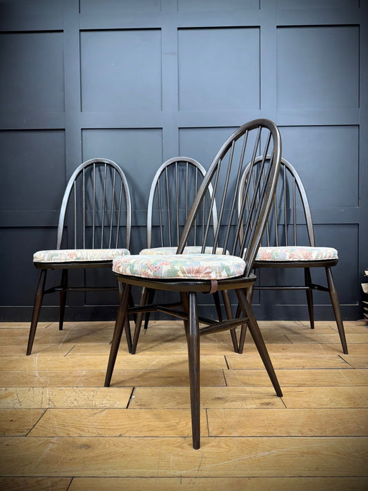 Set of 4 Ercol Quaker Windsor Dining Chairs – Dark Wood & Original Cushions
