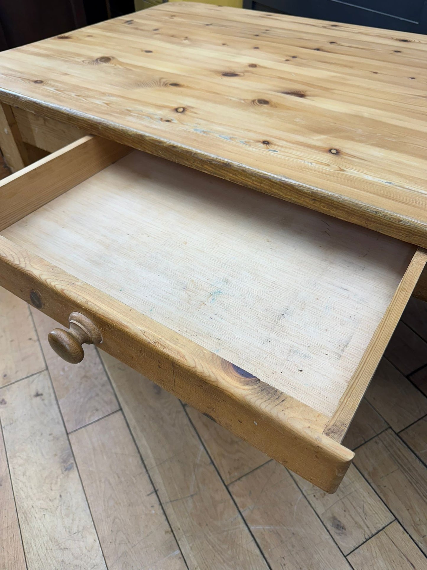 Vintage Pine Farmhouse Kitchen Table Turned Legs Drawer Rustic Dining