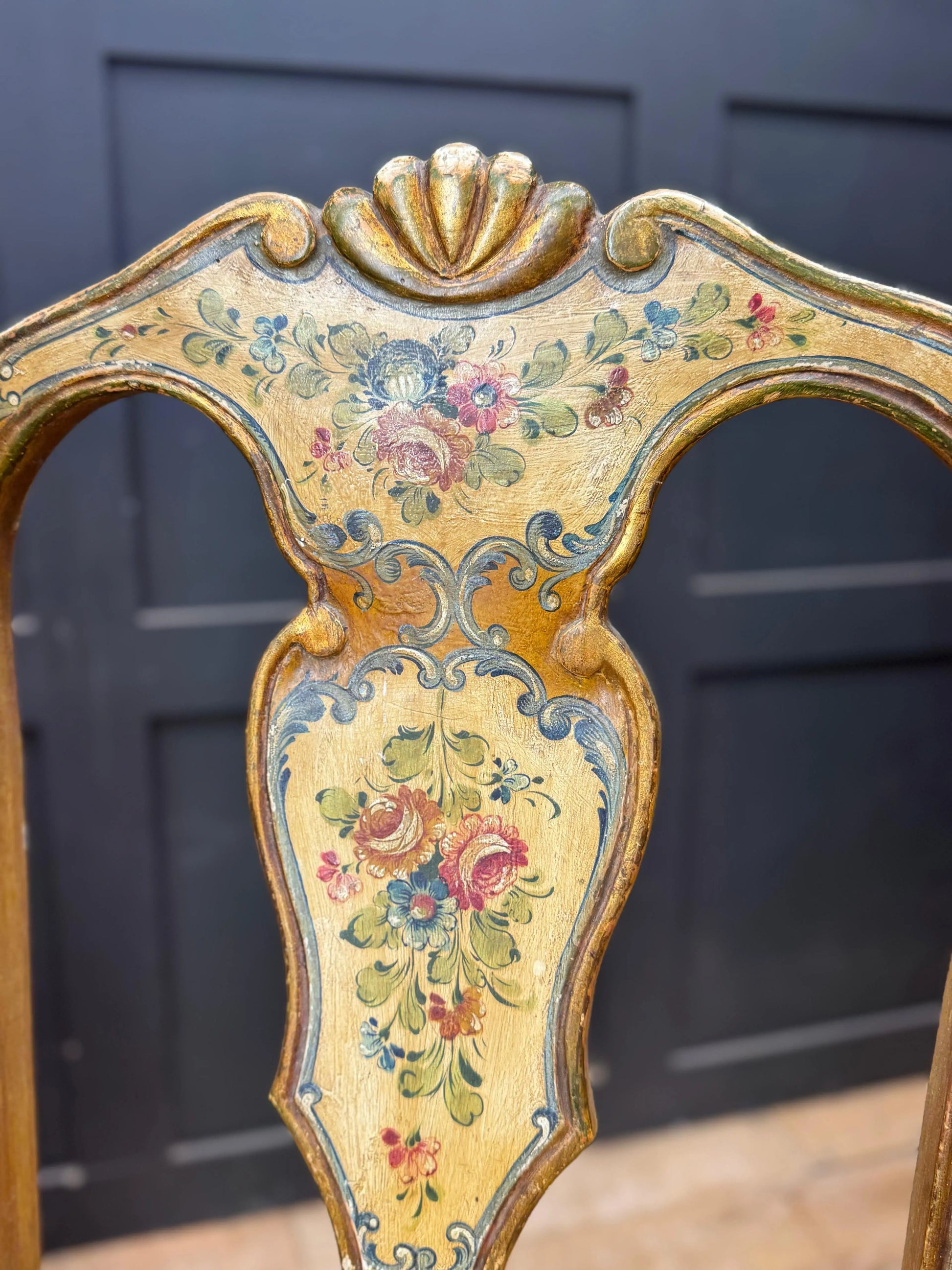 Antique Pair Italian Polychrome Painted Dining Chairs Accent Chairs Venetian RUSTIC WAREHOUSE NORFOLK