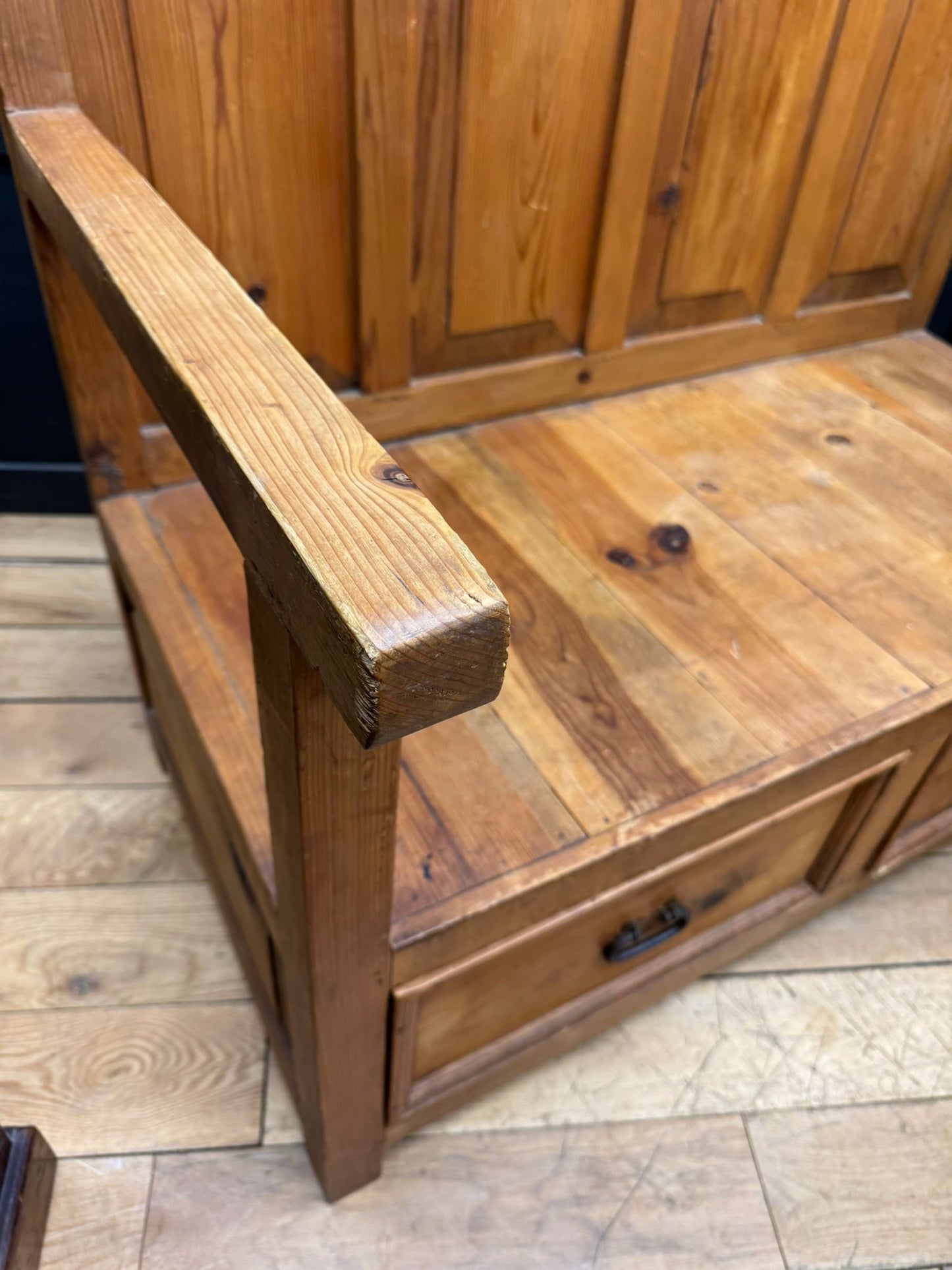 Vintage Pine Monks Bench / Rustic Settle Bench with Storage Drawers