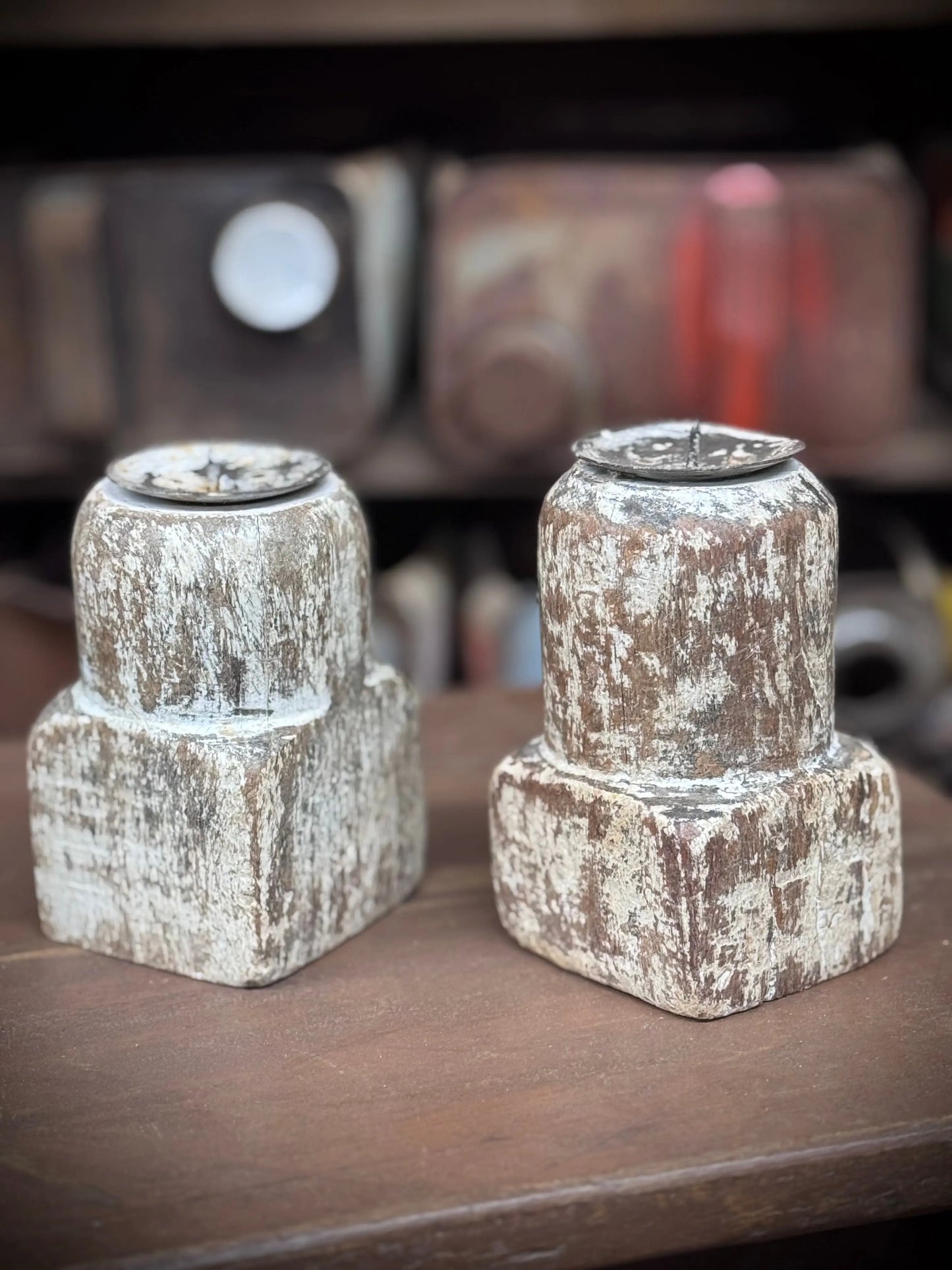 Pair Of Rustic Wooden Candle Holders / Large Church Candle Candlesticks /P RUSTIC WAREHOUSE NORFOLK