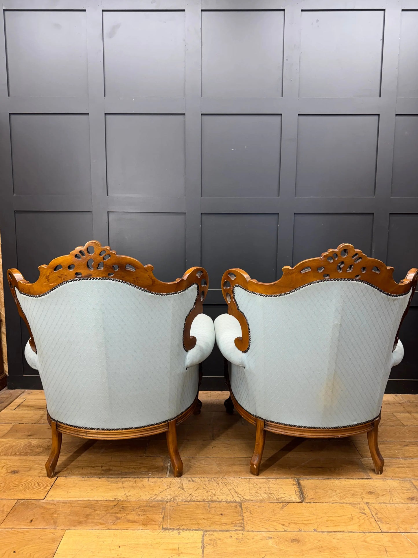 Pair Vintage Armchairs French Louis XV Style Rococo Carved Wood Upholstered