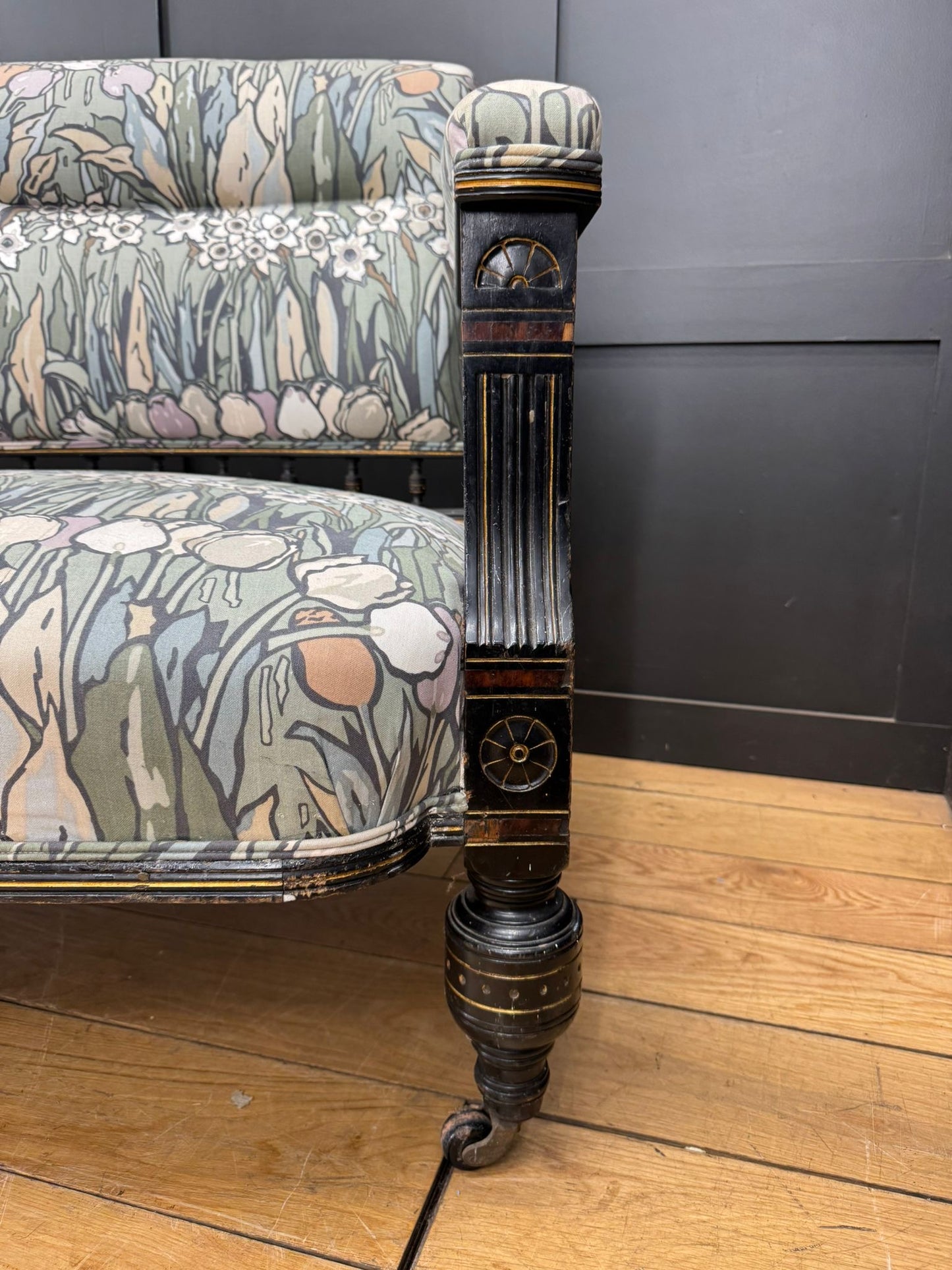 Antique Ebonised Arts & Crafts Settee – Inlaid Frame Vintage Sofa Couch