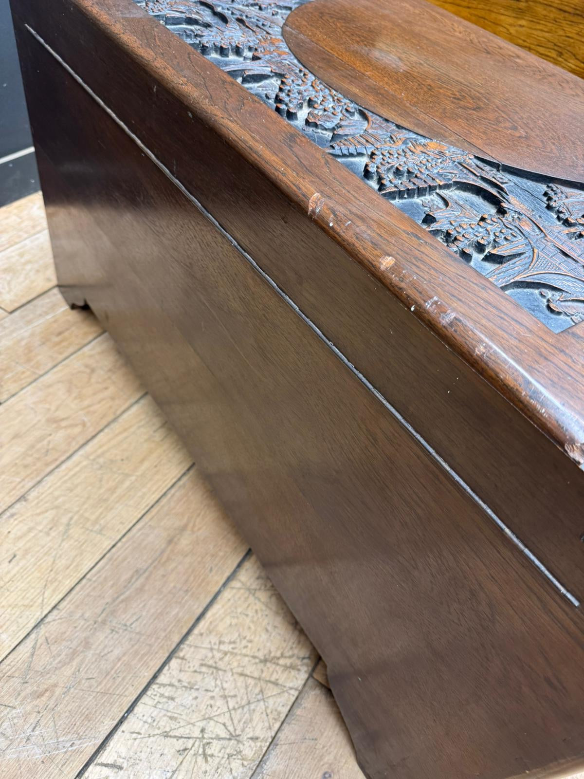 Mid-Century Chinese Carved Camphorwood Blanket Chest Trunk Box Coffee Table