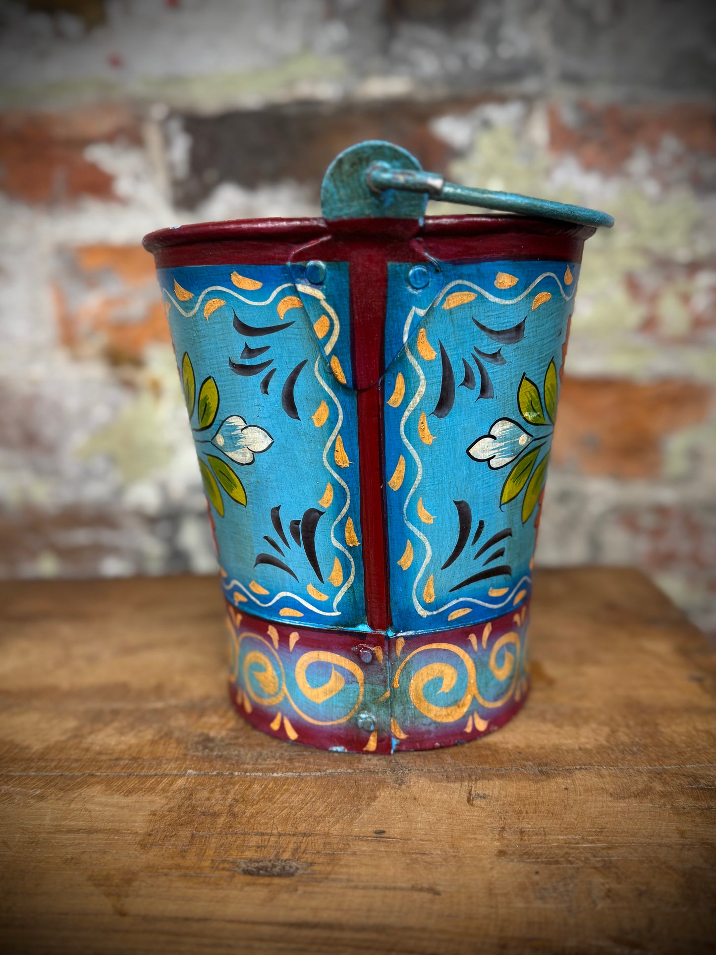 Vintage Small Hand Painted Bucket / Plant Pot / Herb Planter / Blue /Red / Pail