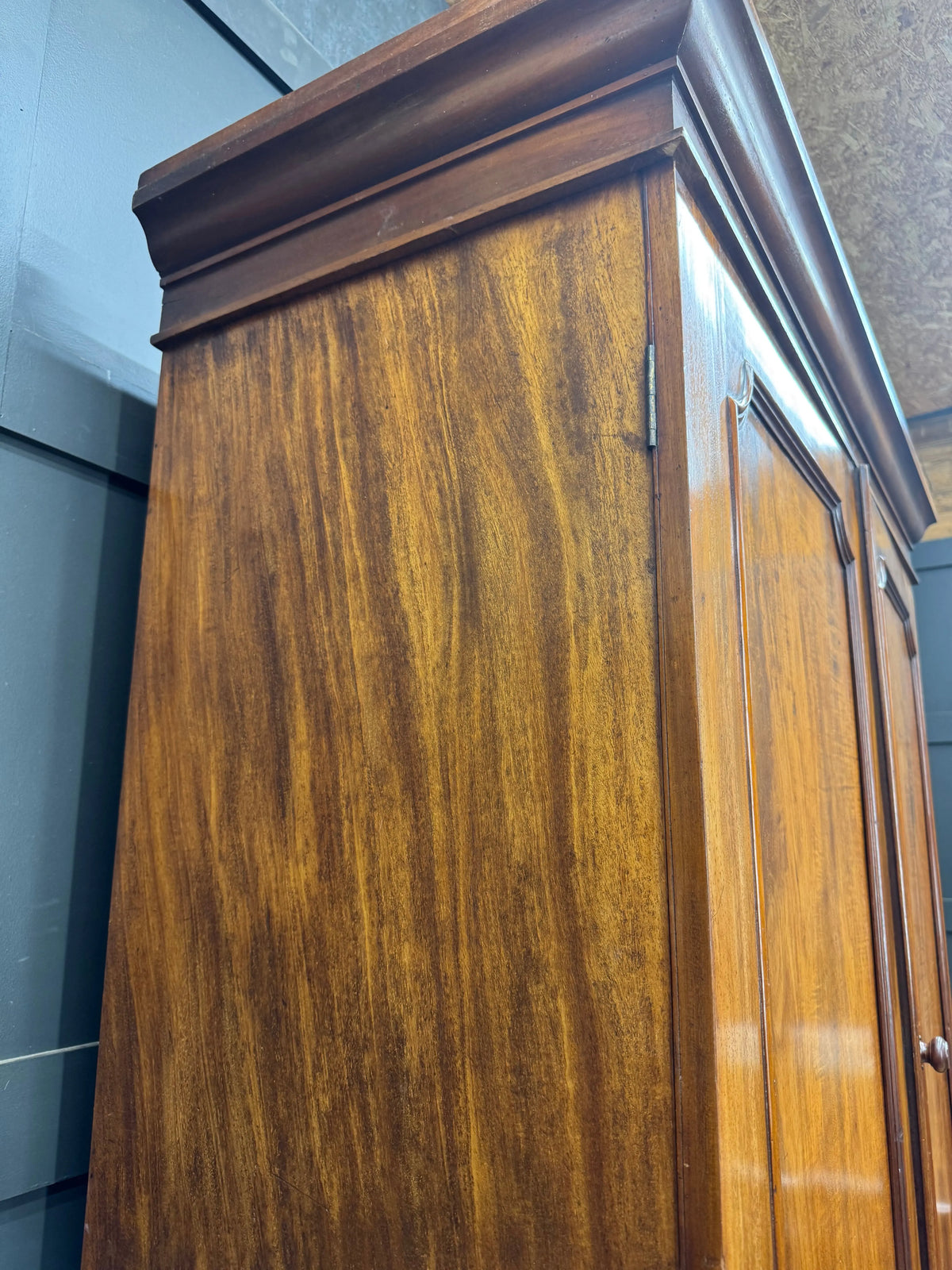Antique Victorian Flame Mahogany Double Wardrobe Armoire Linen Cupboard Drawer