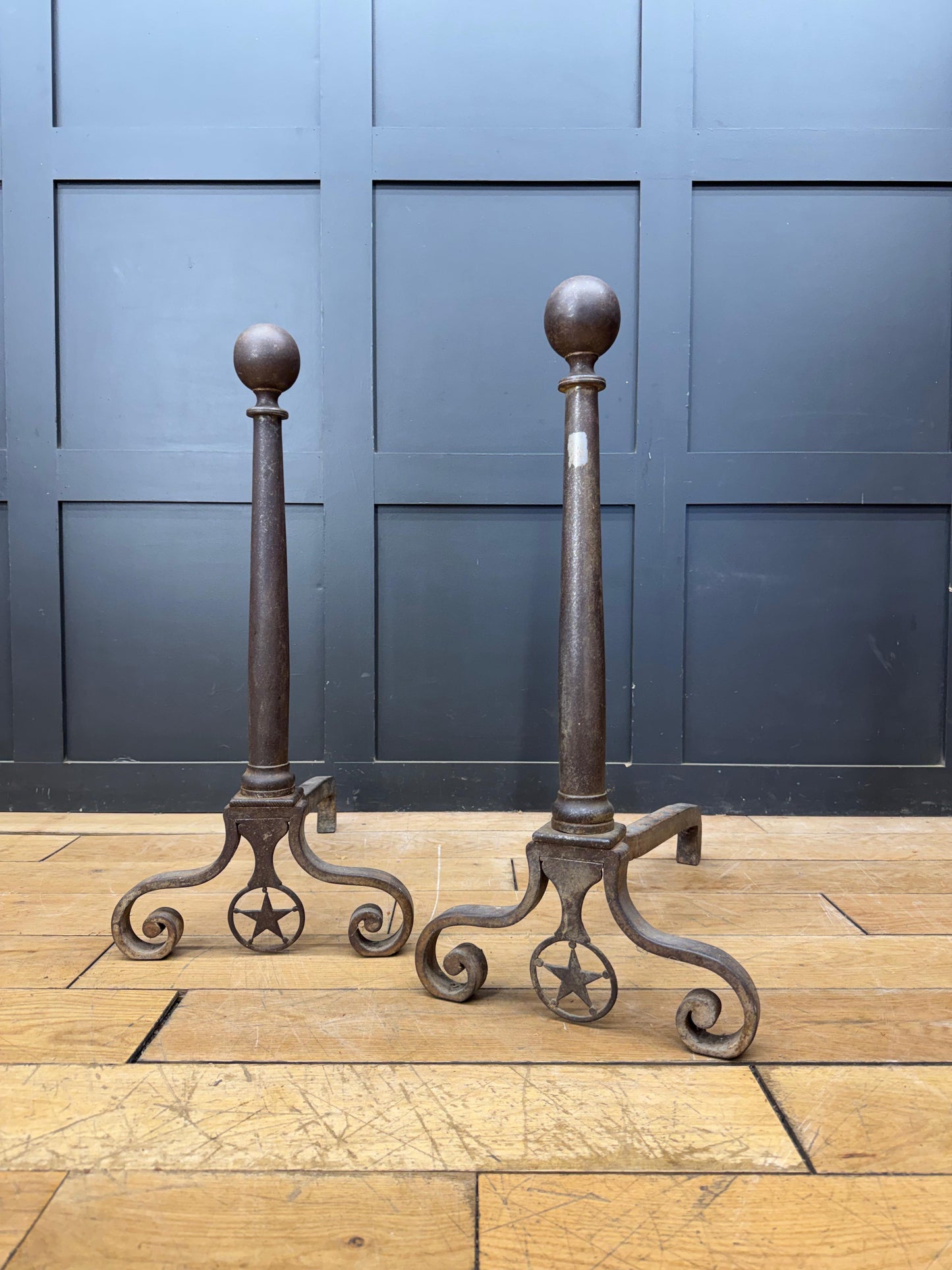 Large Pair Antique Cast Iron Fire Dogs Andirons Fireplace Scroll Supports c1900