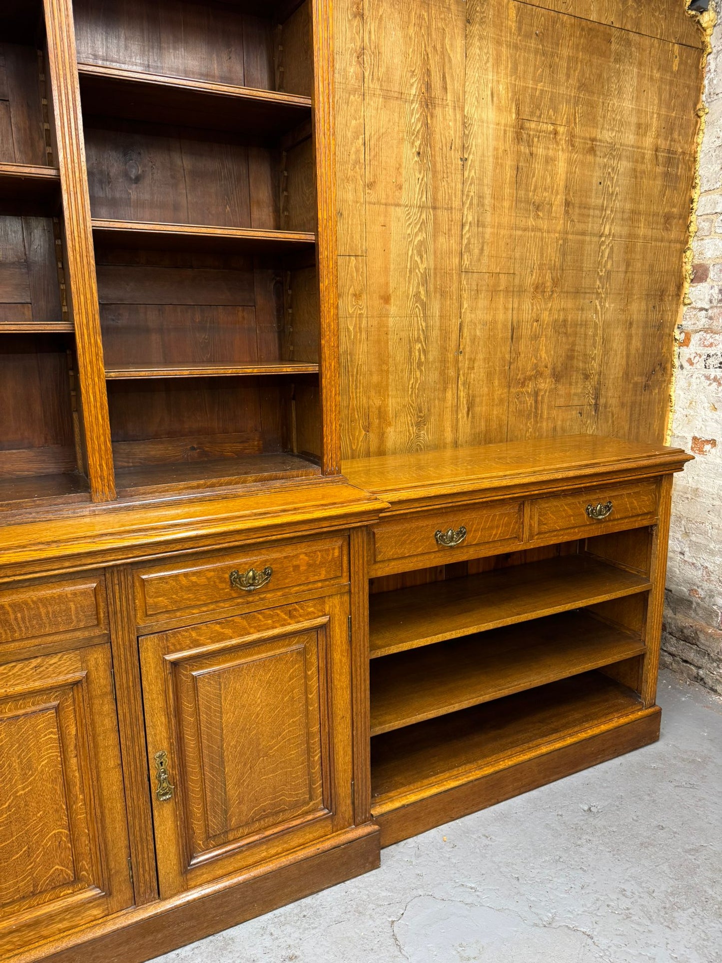 Victorian Solid Oak Breakfront Library Bookcase, TV Stand, Sideboard Display