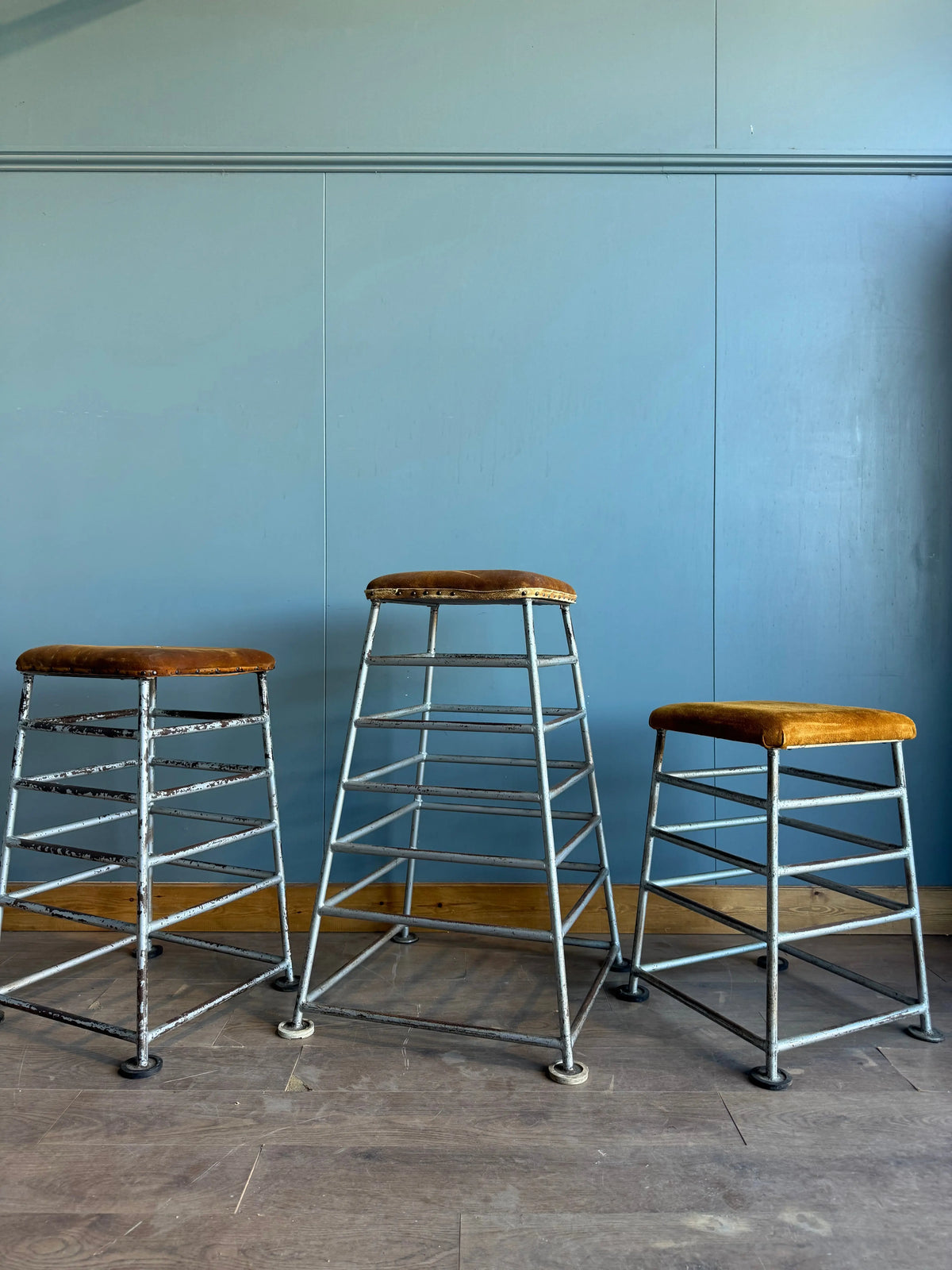 Vintage Industrial School Gym Parkour Stools Set of 3 PE Equipment Bar Seating
