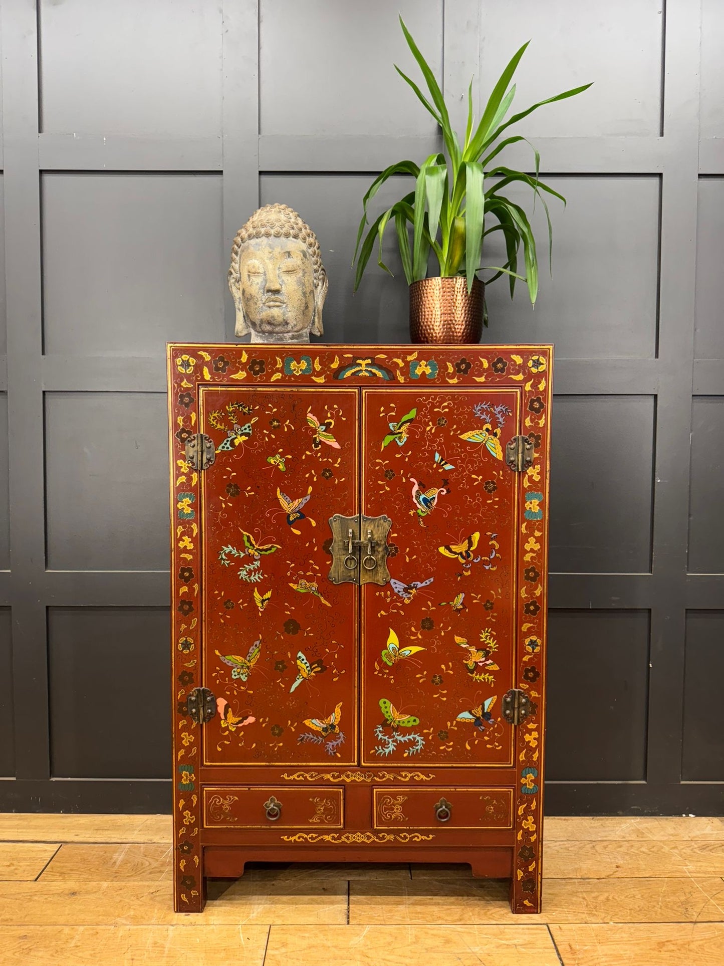 Red Lacquer Shanxi Butterfly Cabinet – Hand Painted Chinese Armoire Cupboard