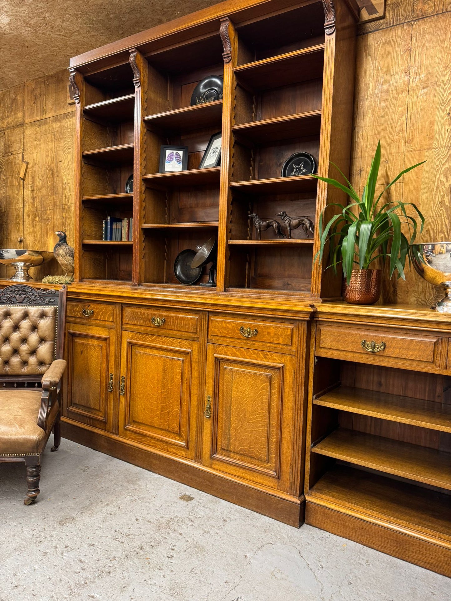 Victorian Solid Oak Breakfront Library Bookcase, TV Stand, Sideboard Display