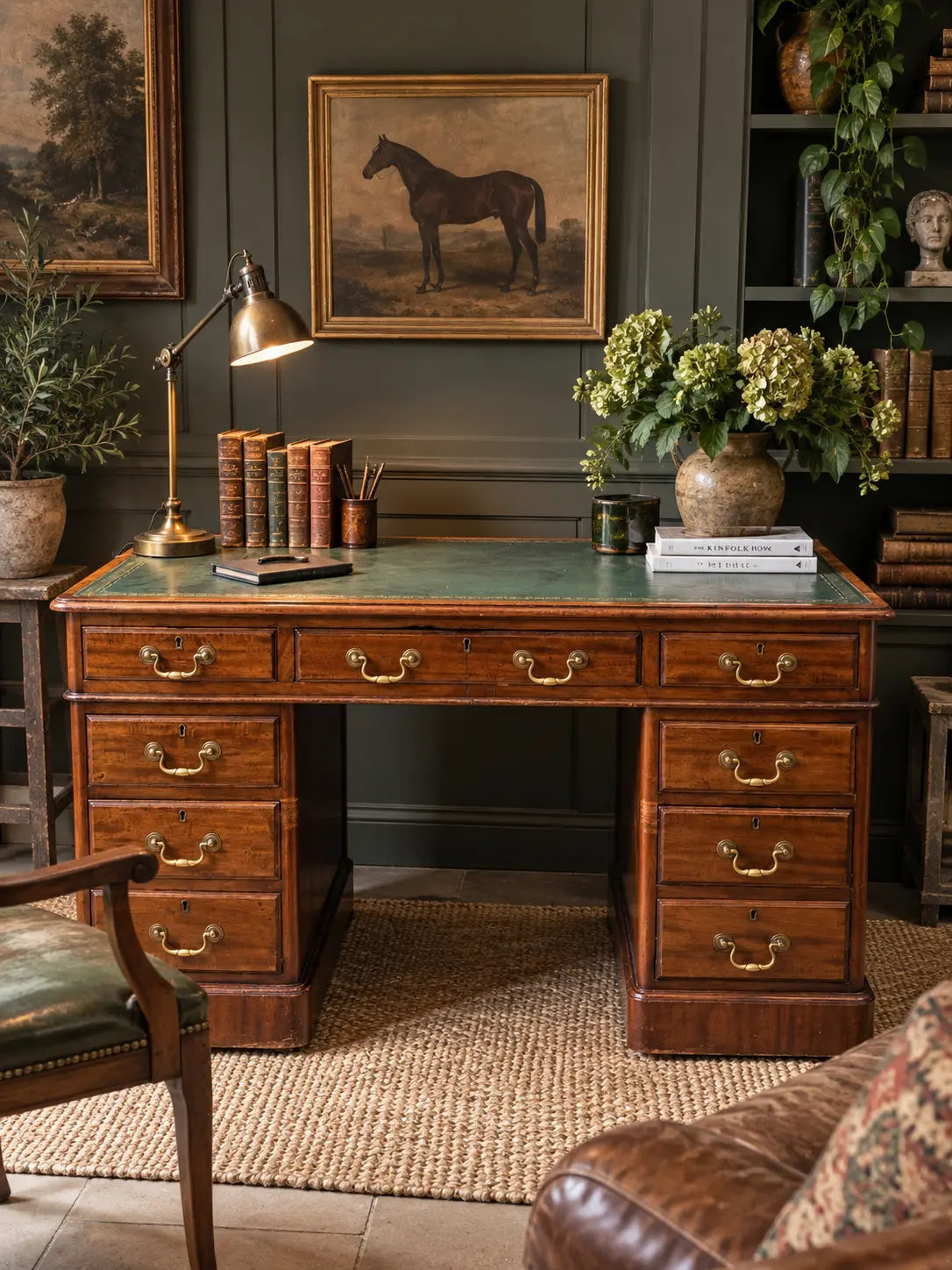 Antique Mahogany Twin Pedestal Writing Desk Green Leather Top Office Desk 19th.C