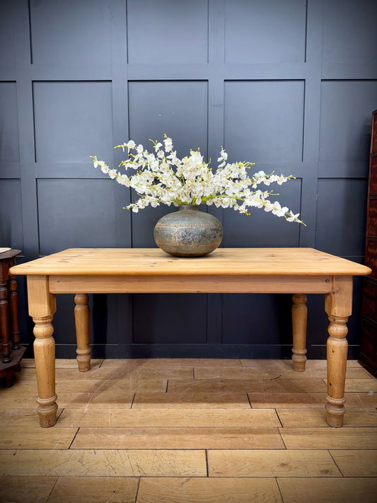 Vintage Solid Pine Farmhouse Dining Table Turned Legs Rustic Country Kitchen