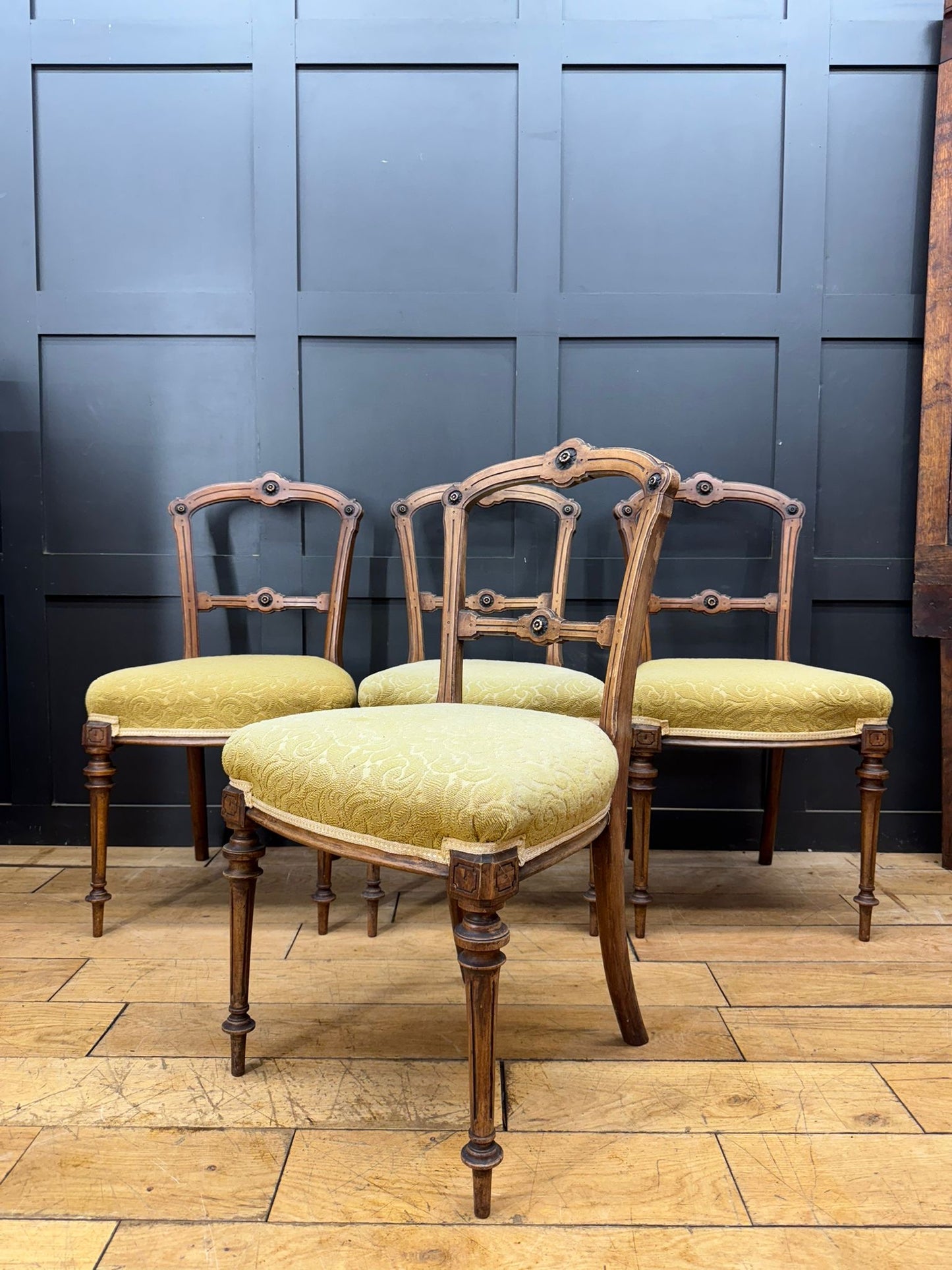 Set of Late Victorian Upholstered Dining Chairs / Walnut Kitchen Chairs