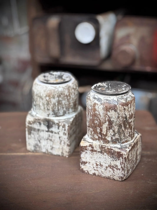 Pair Of Rustic Wooden Candle Holders / Large Church Candle Candlesticks /P RUSTIC WAREHOUSE NORFOLK