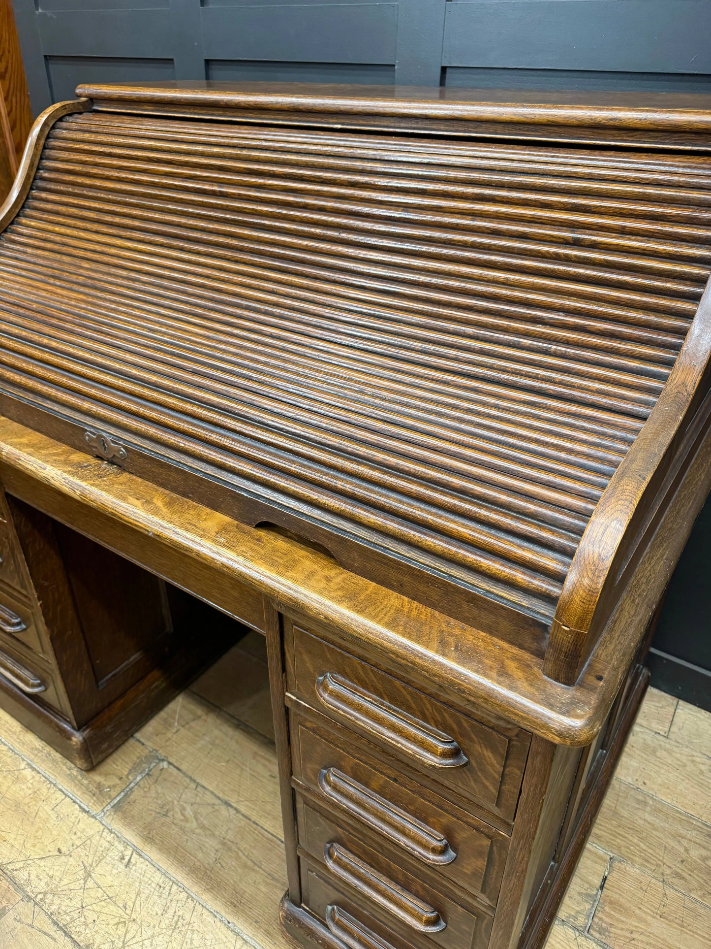 Antique Oak Roll Top Desk Office Furniture Pedestal Tambour c.1900 Edwardian