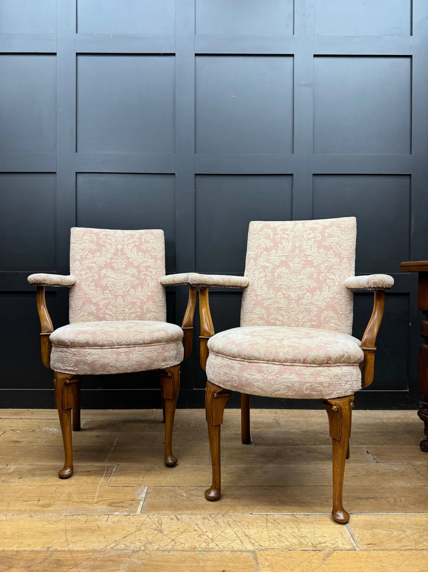 Pair Antique Pink Upholstered Bedroom Armchairs Chairs Mahogany Salon Seats